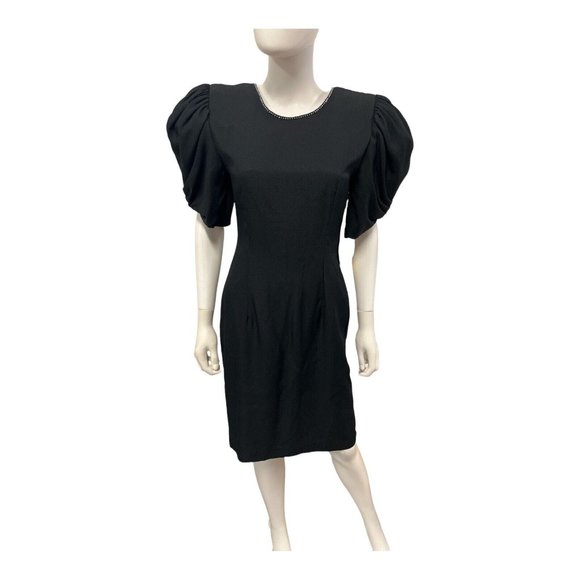 VTG Late Editions Womens Black Big Puffy Short Sleeve Dress Size 6 Rhinestones - Picture 3 of 4